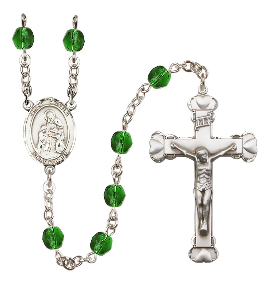 Bliss Manufacturing Emerald Silver-Plated Crystal St Angela Merici Birthstone Heart Rosary,