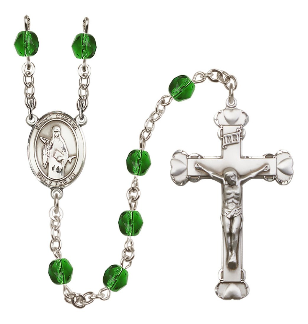 Bliss Silver-Plated Emerald Crystal Saint Amelia Birthstone Heart Rosary,