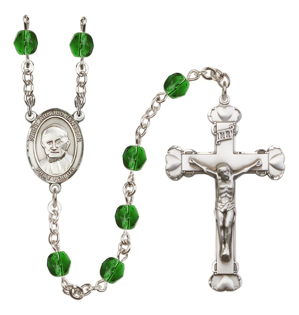 Bliss Silver-Plated Emeral Crystal Saint Arnold Janssen Birthstone Heart Rosary,