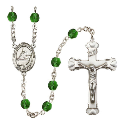 St. Catherine of Sweden Rosary with Pewter Heart Crucifix and Centerpiece, Birthstone 6mm Fire Polished Emerald Beads for May, Bliss Manufacturing
