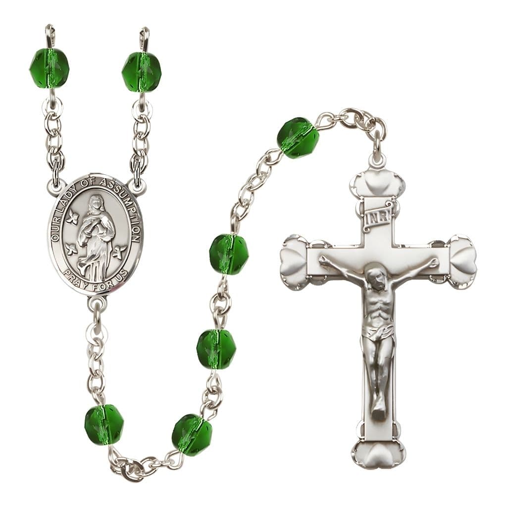 Our Lady of Assumption Engraved Birthstone 6mm Emerald Fire Polished Silver-plated Rosary with Pewter Centerpiece and Heart Tip Crucifix