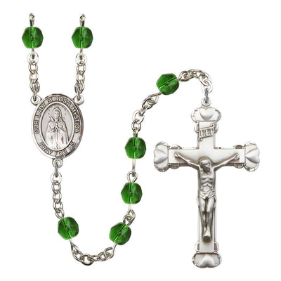 Our Lady of Rosa Mystica Rosary with Pewter Heart Crucifix and Centerpiece, Birthstone 6mm Fire Polished Emerald Beads for May