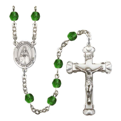 Spanish Rosa Mystica Rosary with Pewter Heart Crucifix and Centerpiece, Birthstone 6mm Fire Polished Emerald Beads for May