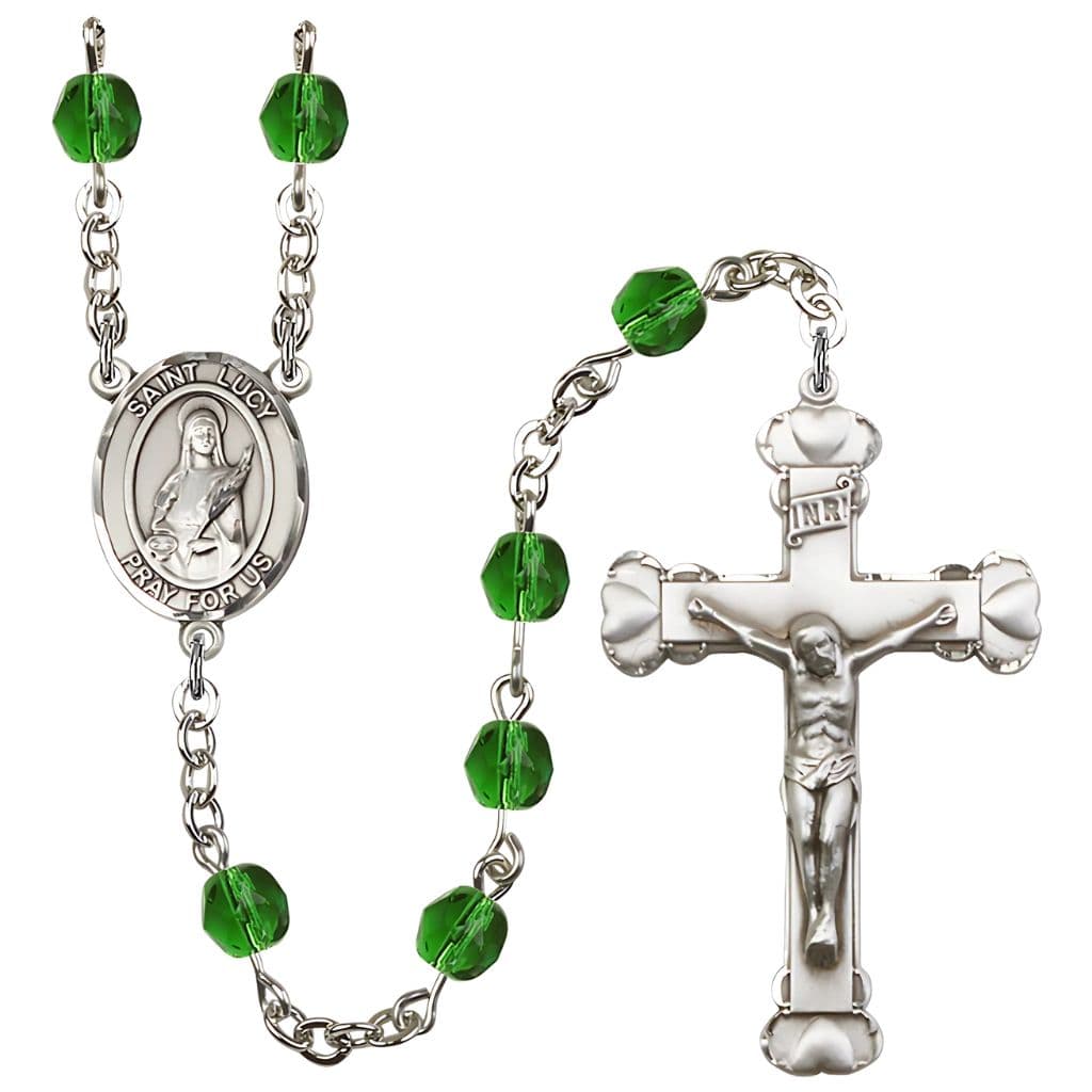 St. Lucy Silver-Plated Emerald Crystal Birthstone Heart Rosary,