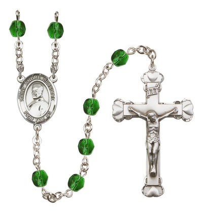 St. Andre Bessette Rosary with Pewter Heart Crucifix and Centerpiece, Birthstone 6mm Fire Polished Emerald Beads for May, Bliss Manufacturing