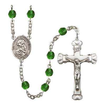 Our Lady of the Precious Blood Rosary with Pewter Heart Crucifix and Centerpiece, Birthstone 6mm Fire Polished Emerald Beads for May
