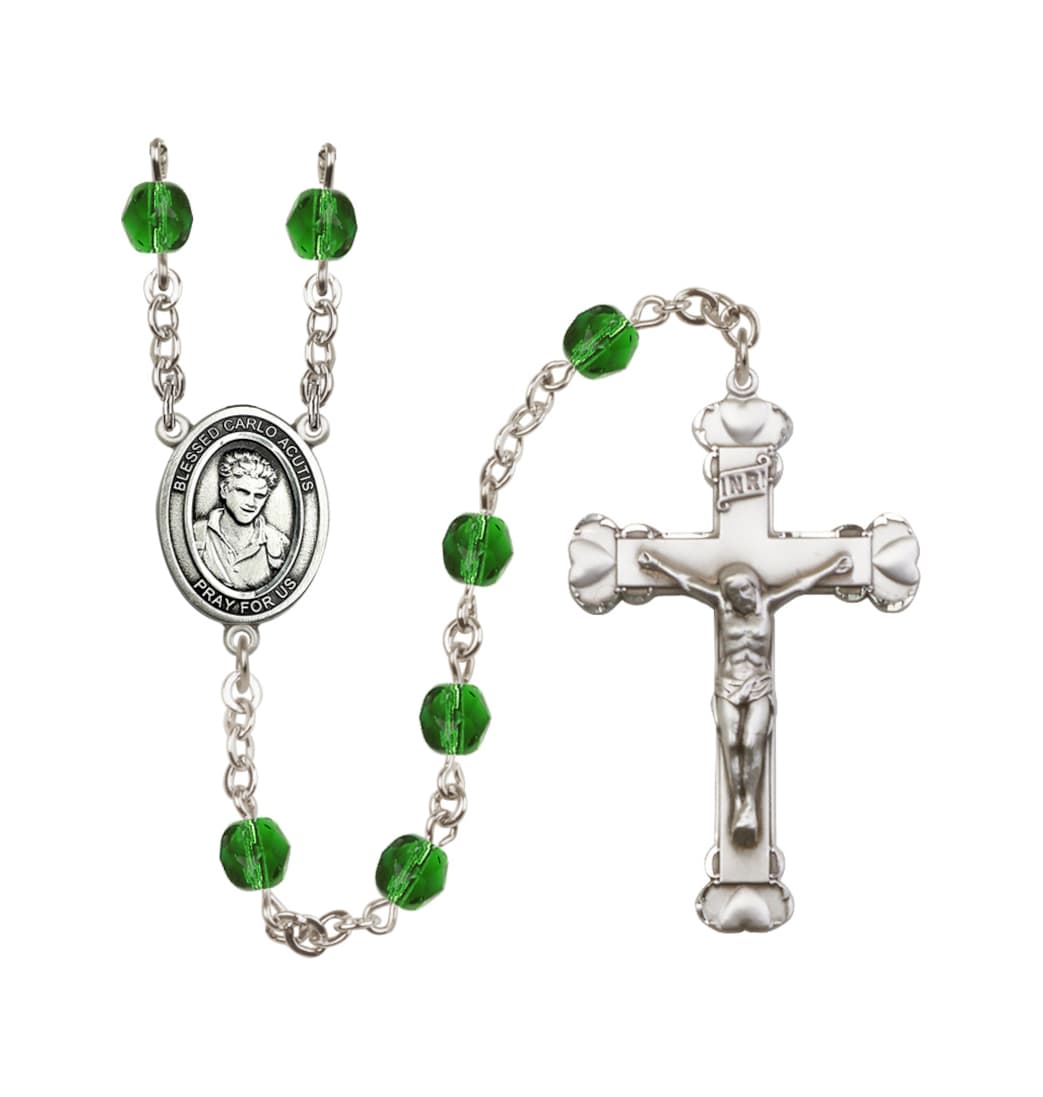 Bliss Silver-Plated Emerald/May Crystal Blessed Carlo Acutis Birthstone Heart Rosary,