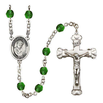 St. Carlo Acutis Birthstone Emerald Heart Fire Polished Rosary, Bliss Manufacturing