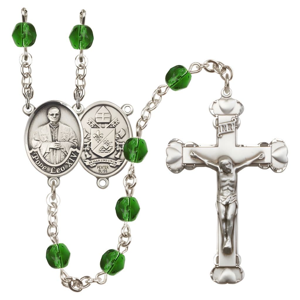 Bliss Pope Leo XIV Birthstone Engravable Rosary with Pewter Center and Heart  Edge Crucifix, 6mm Fire Polished Beads in Emerald for May