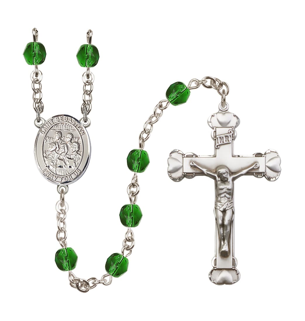 Bliss St Sebastian Choir 6mm Fire Polished Heart Crucifix May Birthstone Rosary,