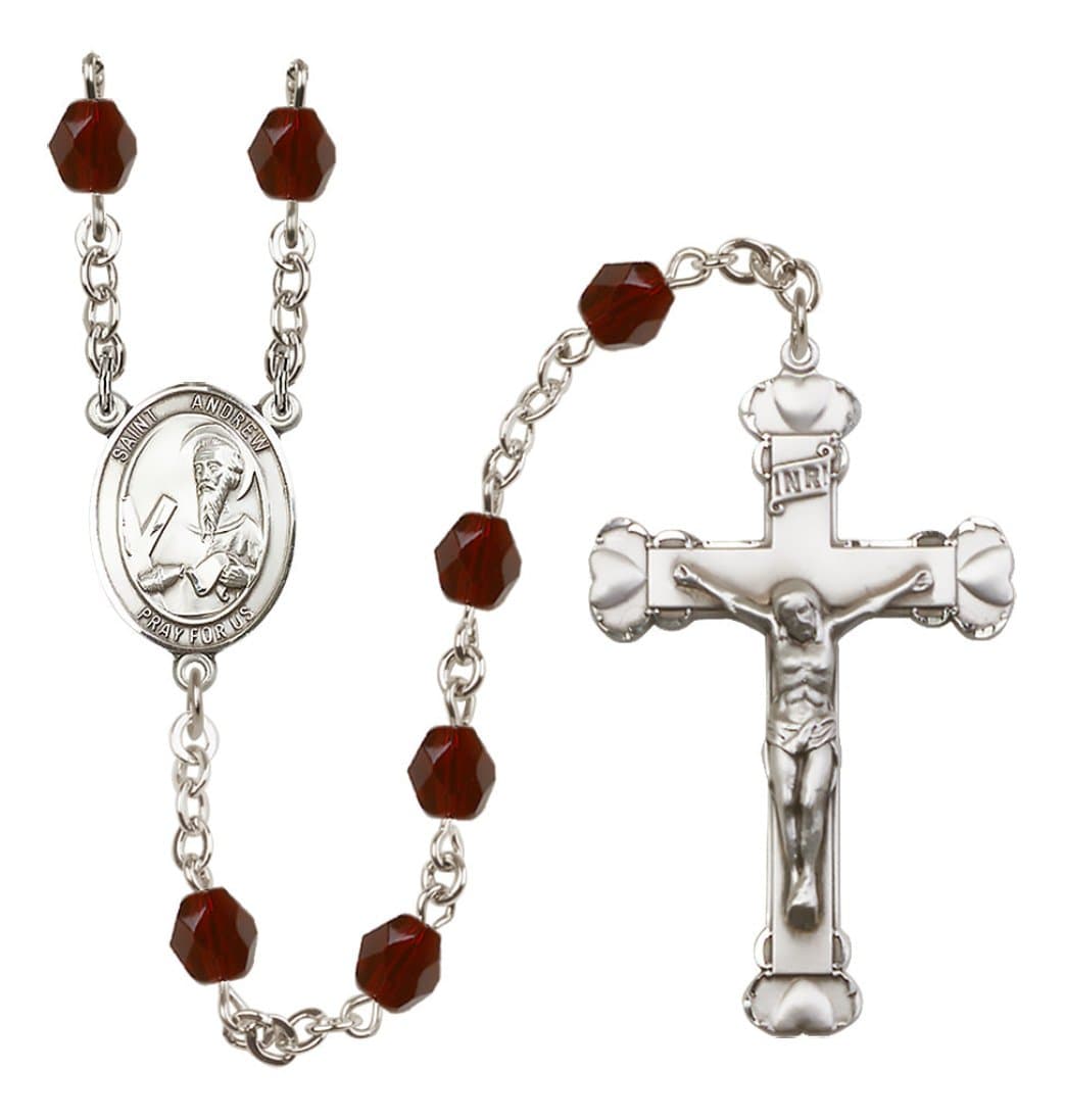 Bliss Silver-Plated Garnet Crystal St Andrew the Apostle Birthstone Heart Rosary,