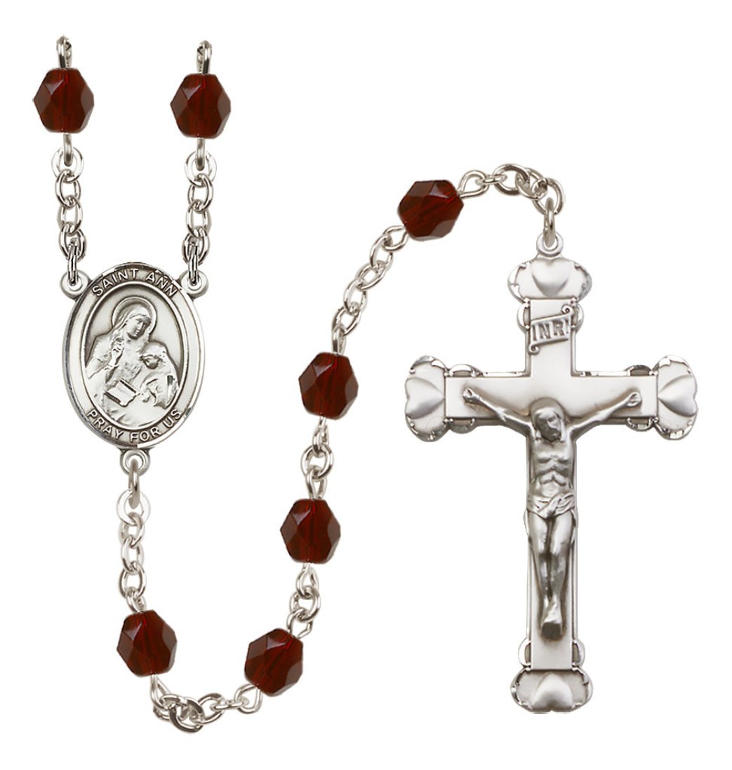 Bliss Manufacturing Silver Plated 6mm Fire Polished Saint Ann Rosary in Garnet,