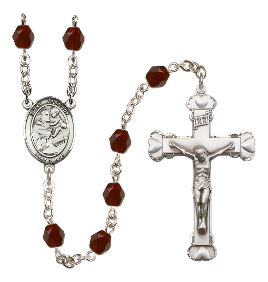 Garnet Bliss Silver-Plated Crystal St Anthony of Padua Birthstone Heart Rosary,