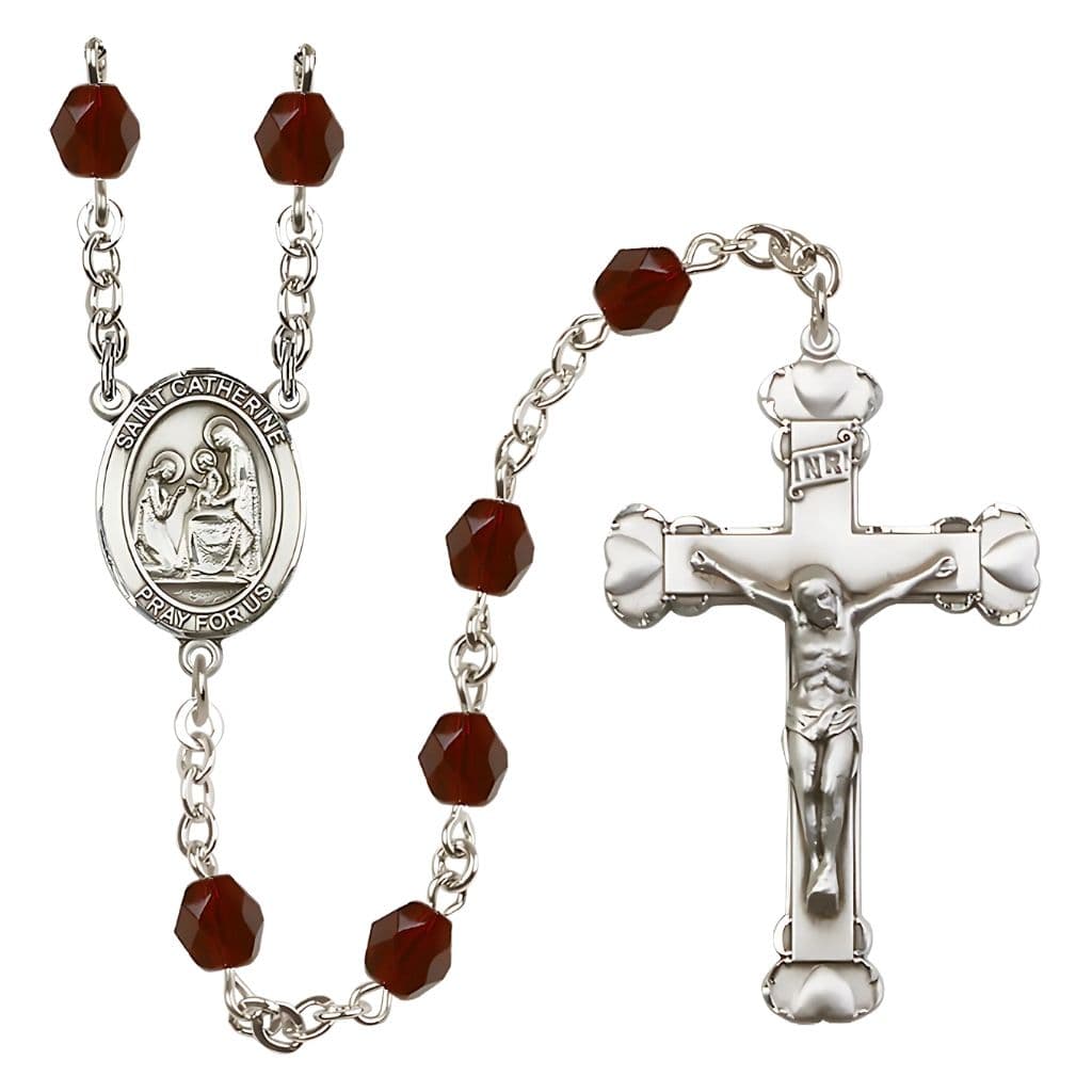 St. Catherine of Siena Rosary with Pewter Heart Crucifix and Centerpiece, Birthstone 6mm Fire Polished Garnet Beads for January, Bliss Manufacturing