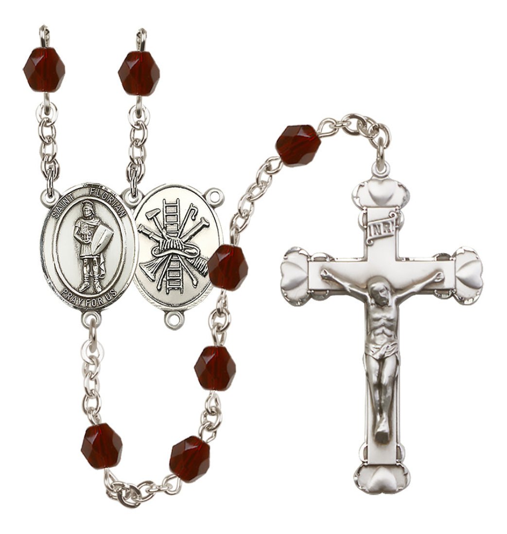 Bliss St Florian Firefighter Birthstone Crystal Silver-plated Heart Tip Rosary in Garnet January Birthstone,