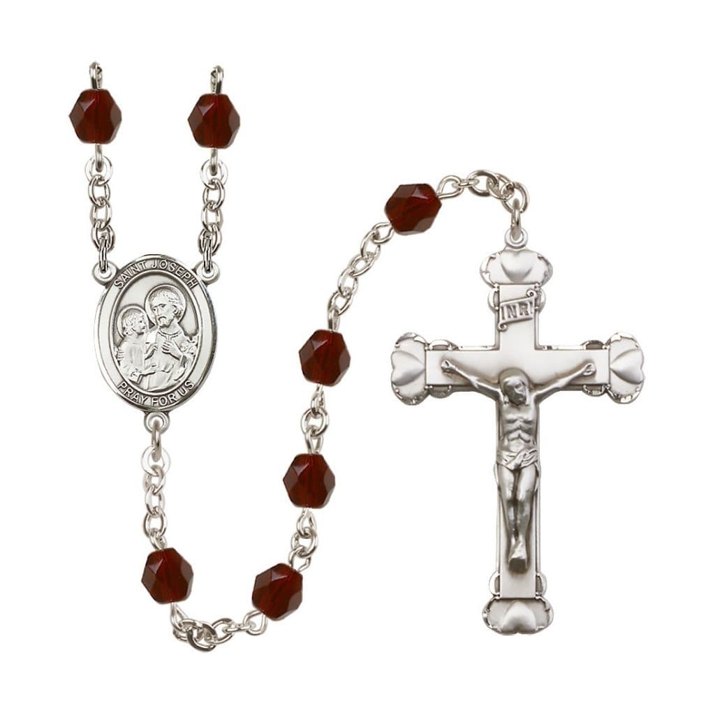 St. Joseph Rosary with Pewter Heart Crucifix and Centerpiece, Birthstone 6mm Fire Polished Garnet Beads for January