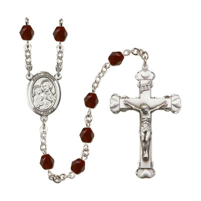 St. Joseph Rosary with Pewter Heart Crucifix and Centerpiece, Birthstone 6mm Fire Polished Garnet Beads for January