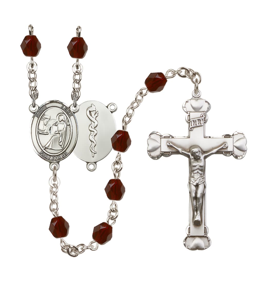 Bliss St Luke Doctor Birthstone Crystal Heart Tip Rosary in Jan/Garnet,