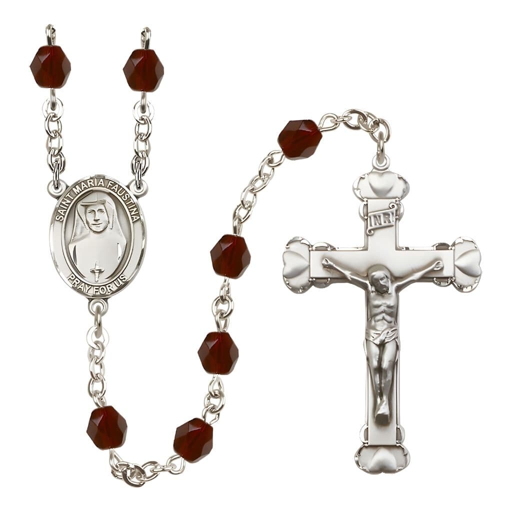 Bliss St. Maria Faustina Birthstone Engravable Heart Edge Rosary with Fire Polished Garnet Beads,