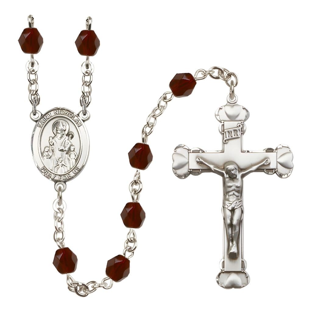 Bliss St. Nicholas Engravable Rosary with Pewter Centerpiece and Heart Crucifix, January Birthstone 6mm Garnet Fire Polish Beads
