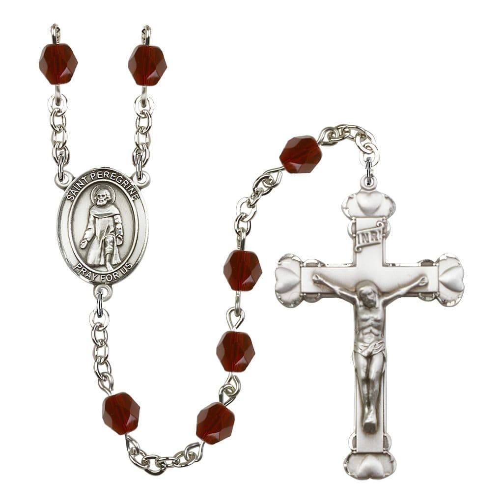 Bliss St. Peregrine Laziosi Rosary with Pewter Heart Crucifix and Centerpiece, Birthstone 6mm Fire Polished Garnet Beads for January