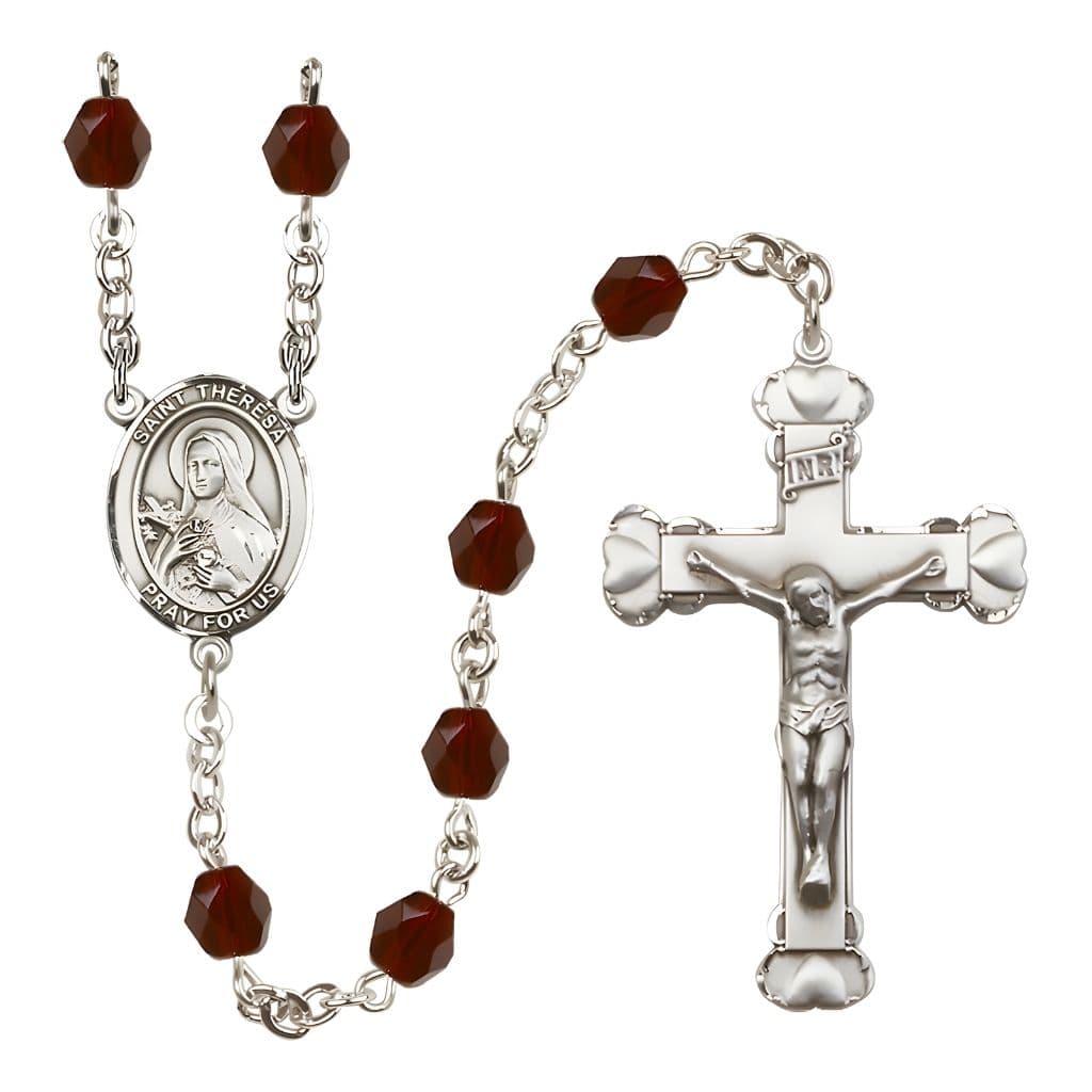 Bliss Birthstone 6mm Garnet Fire Polished Silver-plated Engravable Rosary with Pewter St. Theresa Center and Heart Edge Crucifix