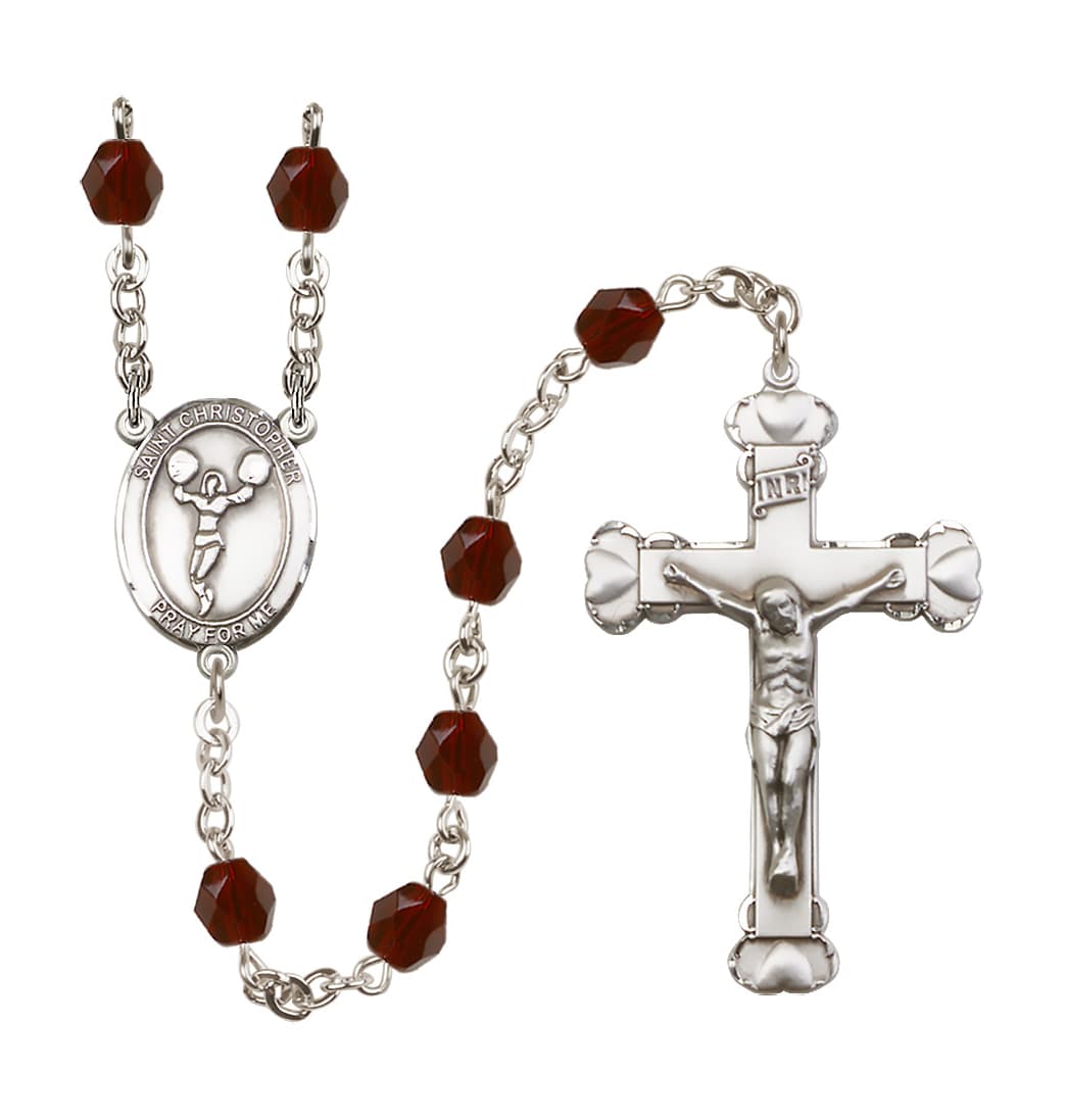 Bliss St Christopher Cheerleading Jan/Garnet 6mm Fire Polished Heart Rosary,