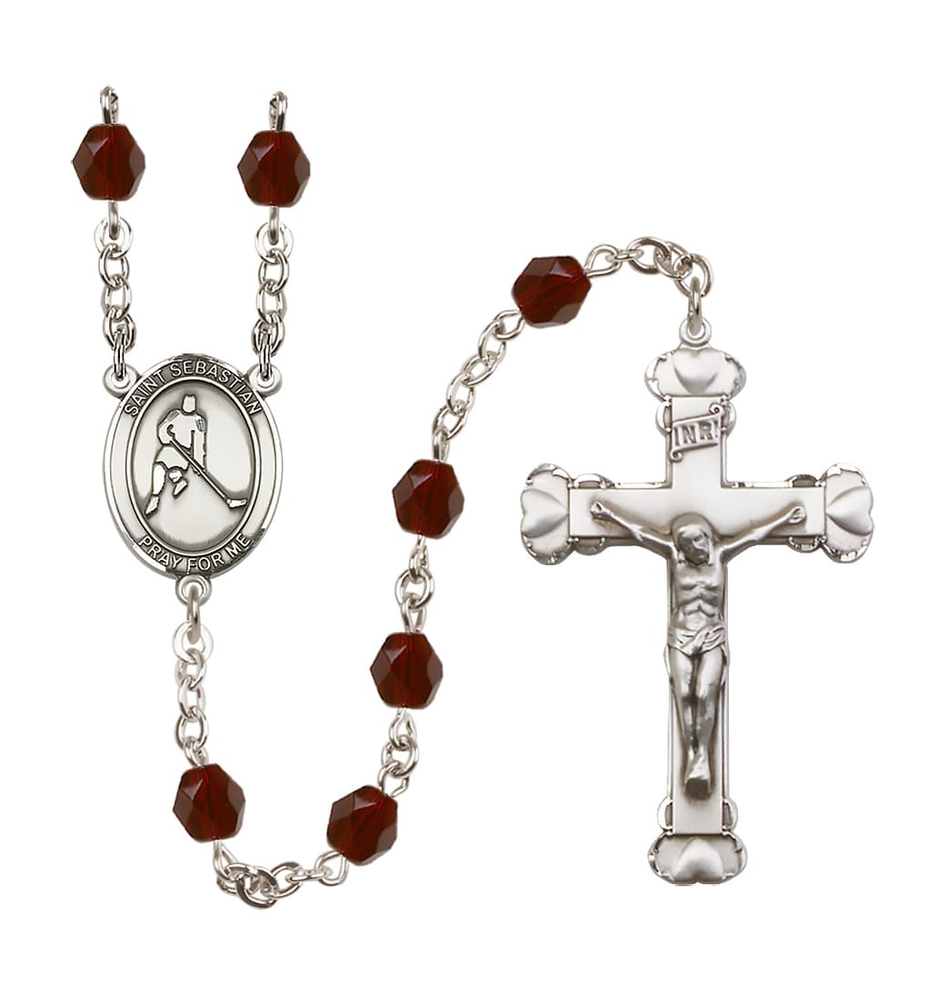 Bliss Jan/Garnet Heart St Sebastian Ice Hockey 6mm Fire Polished Rosary,