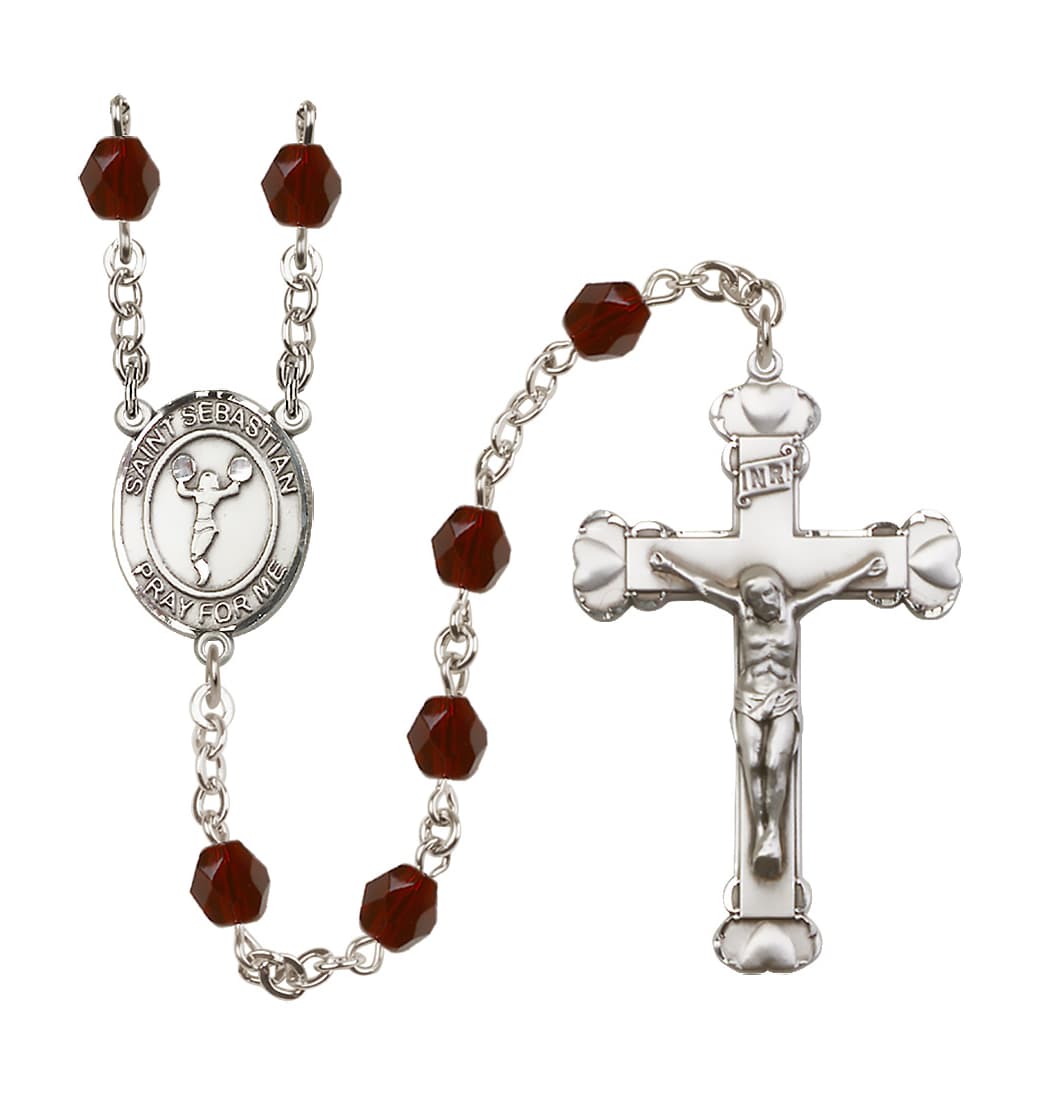 Bliss January Garnet Crystal St Sebastian Cheerleading 6mm Fire Polished Heart Crucifix Rosary,