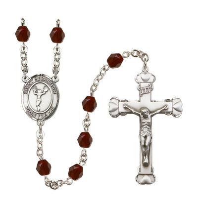 January Garnet Crystal St Sebastian Cheerleading 6mm Fire Polished Heart Crucifix Rosary, Bliss Manufacturing