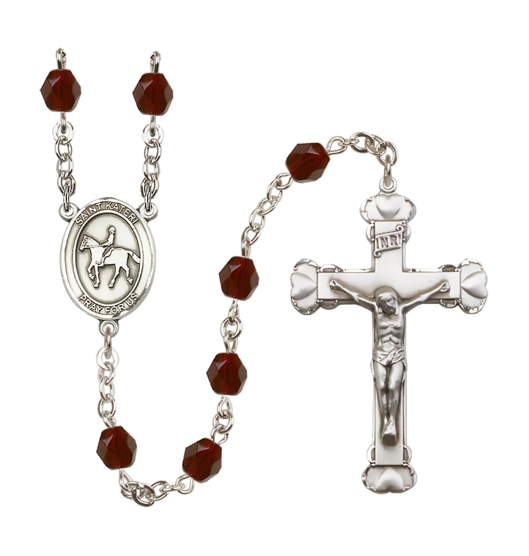 Bliss Birthstone Heart St Kateri Equestrian Garnet/Jan 6mm Fire Polished Rosary,