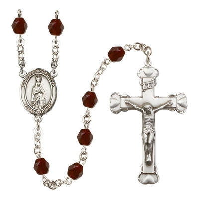 Our Lady of Fatimas Rosary with Pewter Heart Crucifix and Centerpiece, Birthstone 6mm Fire Polished Garnet Beads for January, Bliss Manufacturing