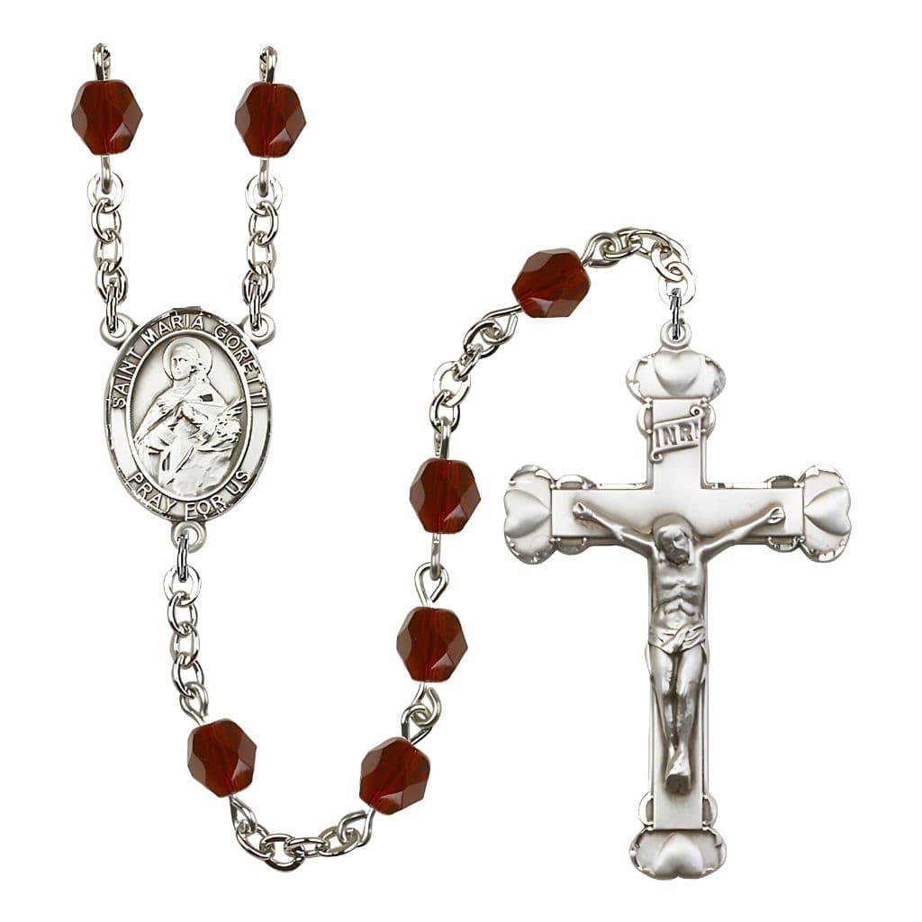 Bliss St. Maria Goretti Engraved Birthstone Fire Polished Rosary in Garnet,