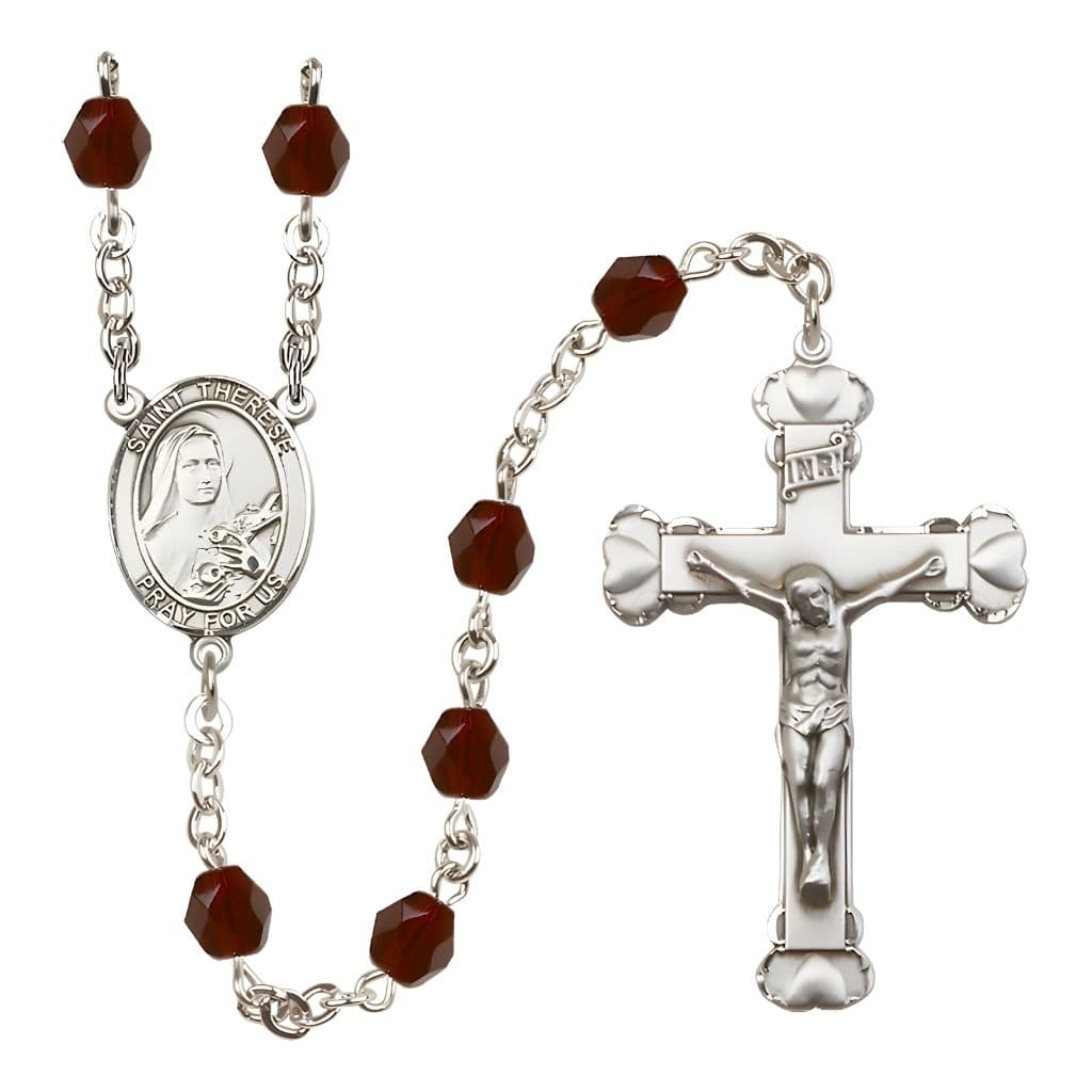 Bliss St. Therese of Lisieux Birthstone 6mm Garnet Fire Polished Rosary with Pewter Crucifix and Centerpiece