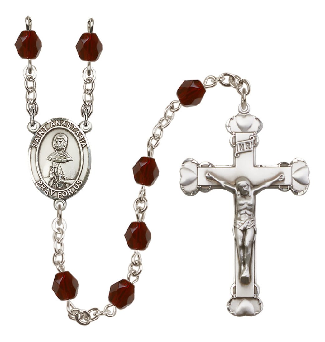 Bliss Silver-Plated Garnet Crystal St Anastasia of Sirmium Birthstone Heart Rosary