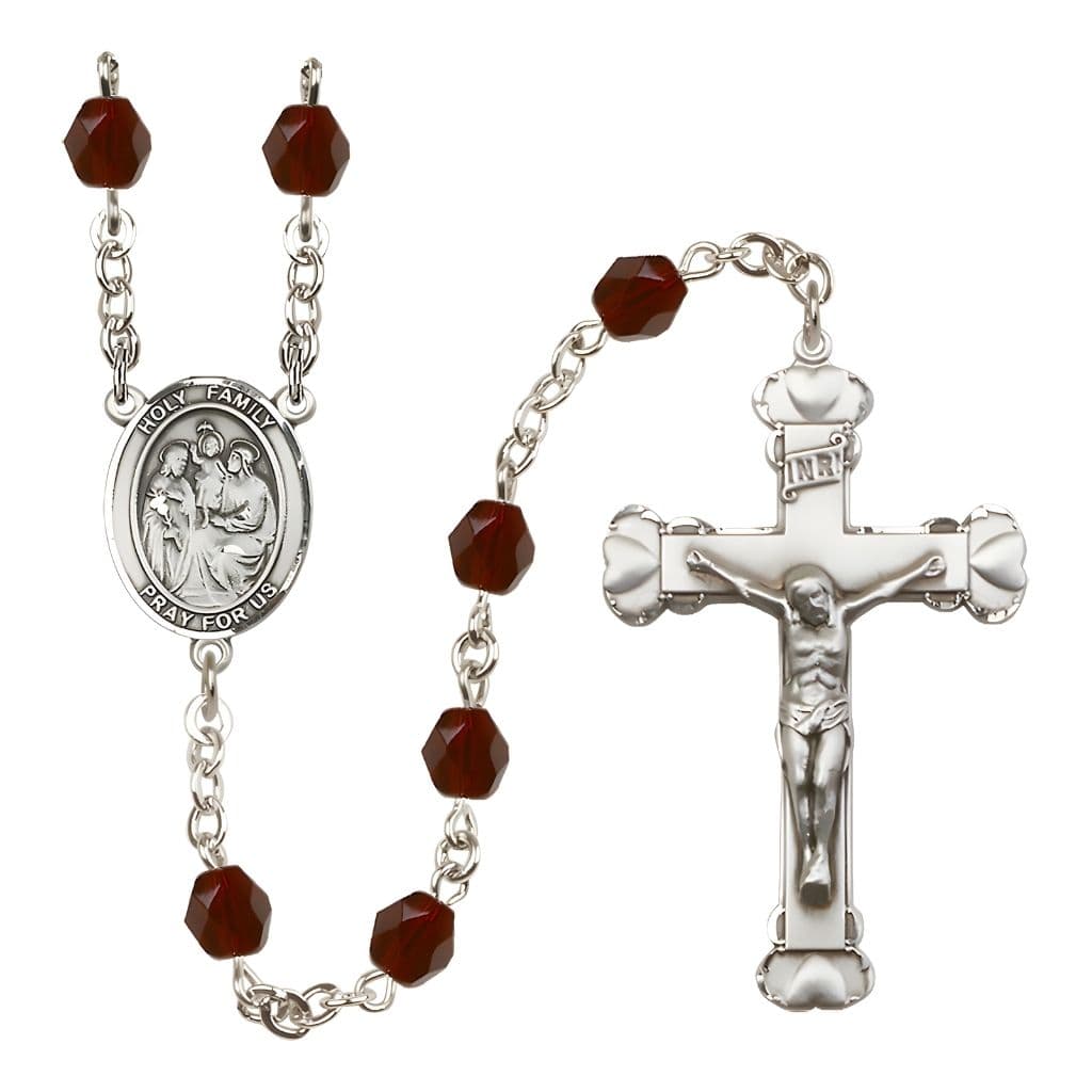 Bliss Holy Family Engravable Rosary with Pewter Heart Crucifix and Centerpiece, Birthstone 6mm Fire Polished Garnet Beads for January