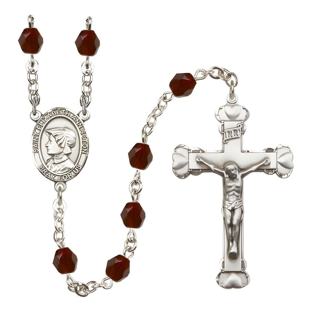 Bliss St. Elizabeth Ann Seton Rosary with Pewter Heart Crucifix and Centerpiece, Birthstone 6mm Fire Polished Garnet Beads for January