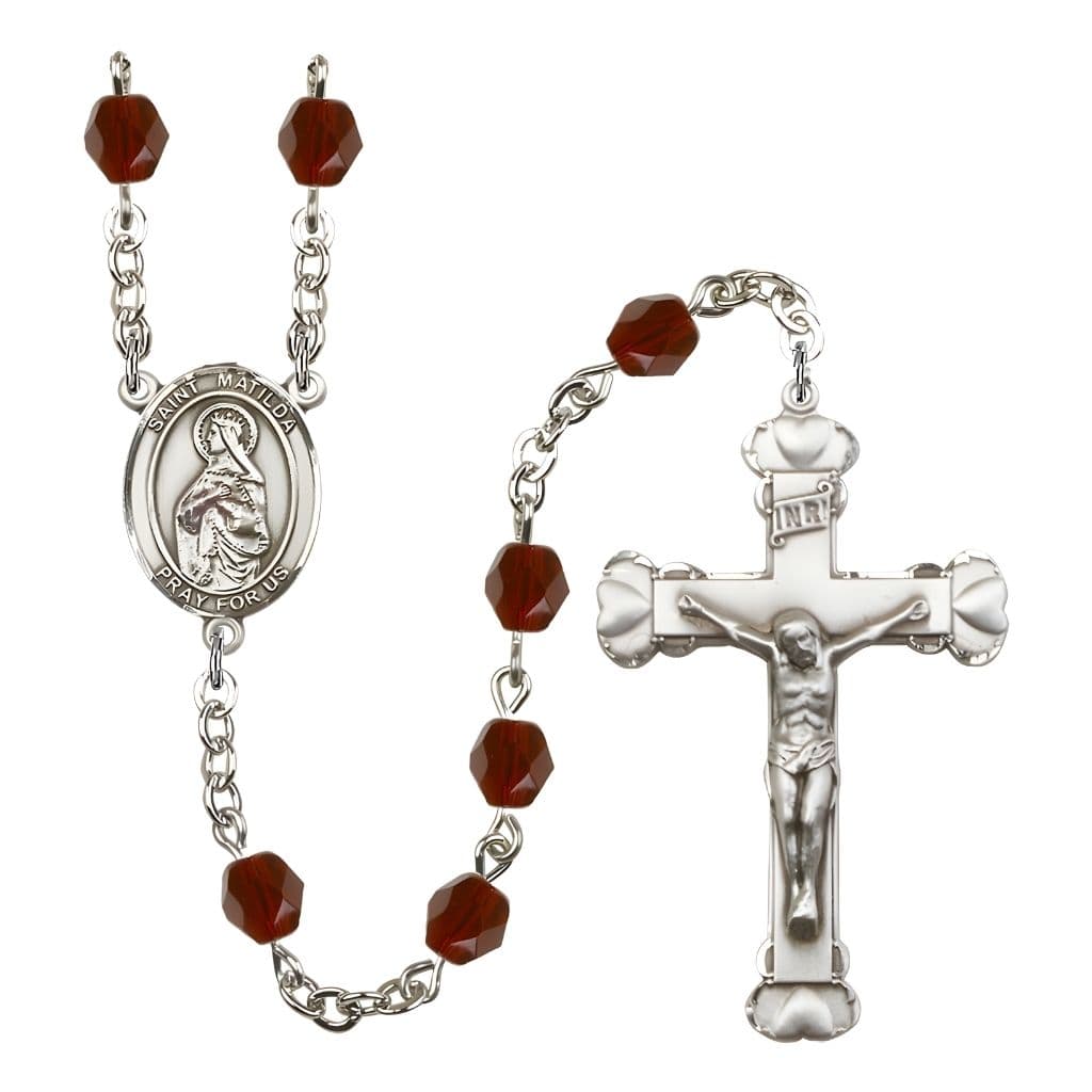 Bliss St. Matilda Rosary with Pewter Heart Crucifix and Centerpiece, Birthstone 6mm Fire Polished Garnet Beads for January