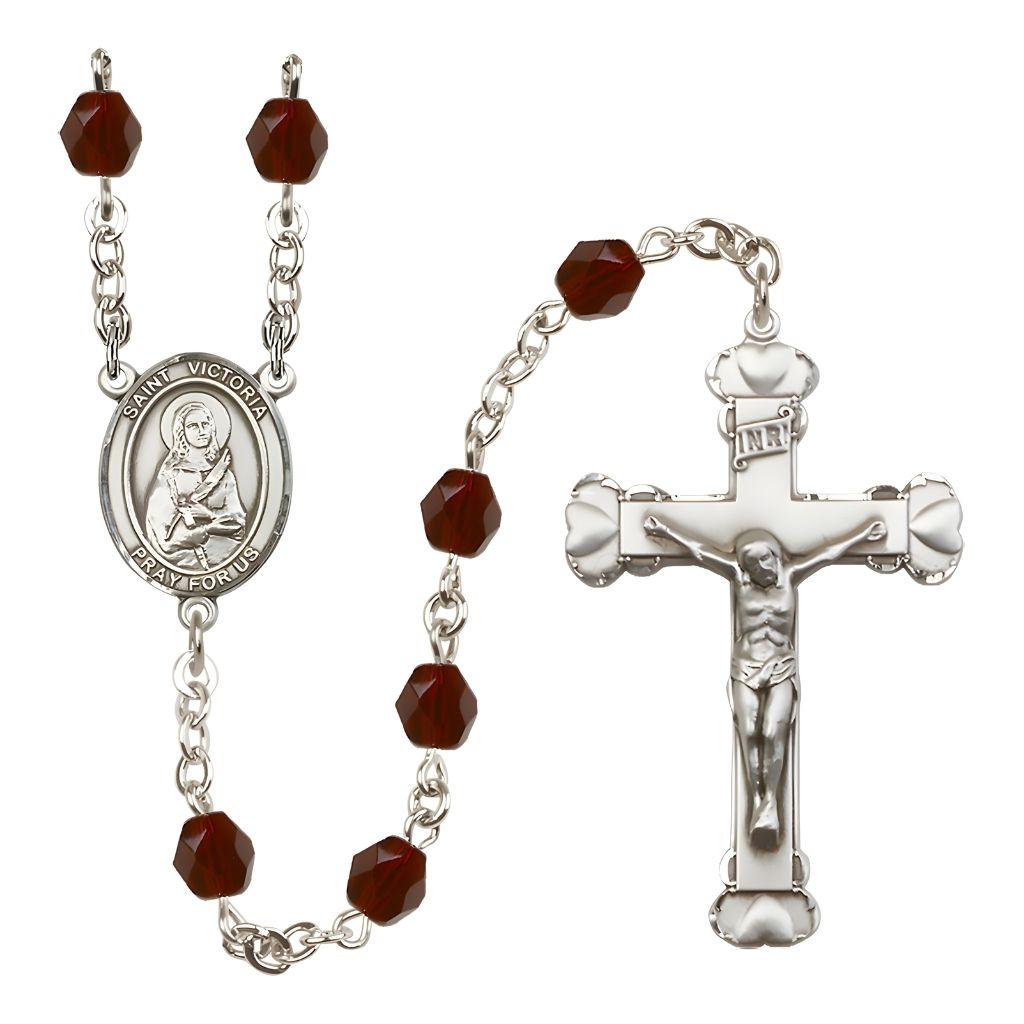 Bliss St. Victoria Rosary with Pewter Heart Crucifix and Centerpiece, Birthstone 6mm Fire Polished Garnet Beads for January