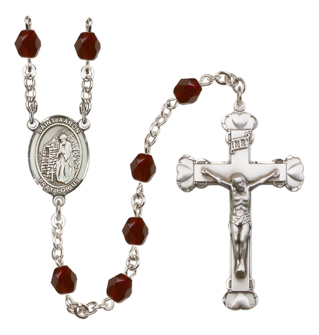 Bliss Silver-Plated Garnet Crystal Saint Aaron Birthstone Heart Rosary,