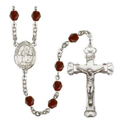 St. Isidore the Farmer Rosary with Pewter Heart Crucifix and Centerpiece, Birthstone 6mm Fire Polished Garnet Beads for January, Bliss Manufacturing