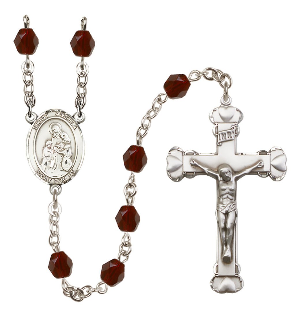 Bliss Manufacturing Garnet Silver-Plated Crystal St Angela Merici Birthstone Heart Rosary,