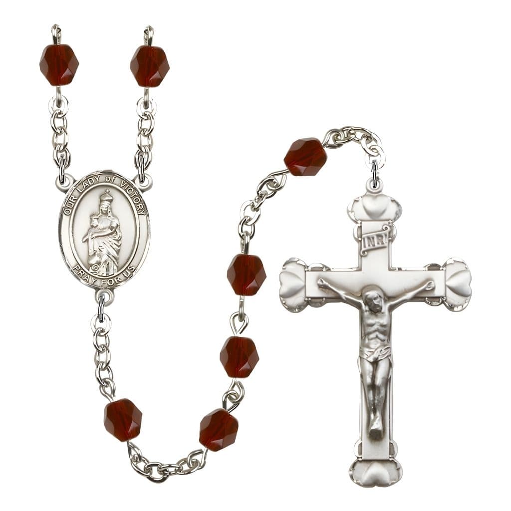 Bliss Our Lady of Victory Birthstone January Garnet 6mm Fire Polished Silver-plated Engravable Heart Tip Rosary with Pewter Centerpiece and Crucifix