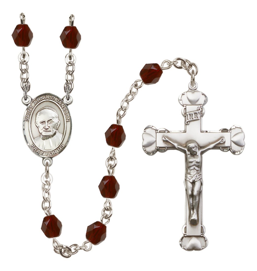 Bliss Silver-Plated Garnet Crystal Saint Arnold Janssen Birthstone Heart Rosary,