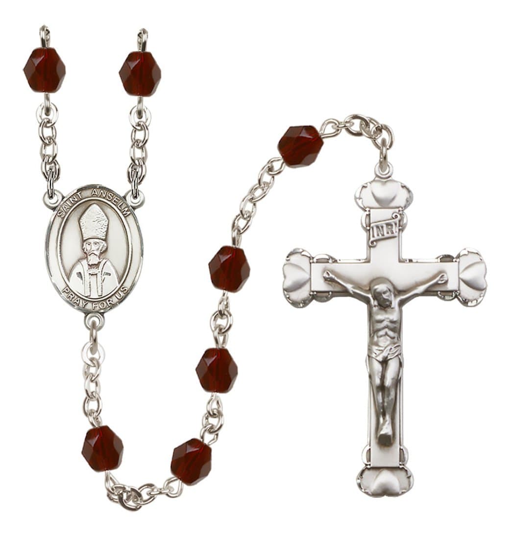 Bliss Silver-Plated Garnet Crystal Saint Anselm of Canterbury Birthstone Heart Rosary,