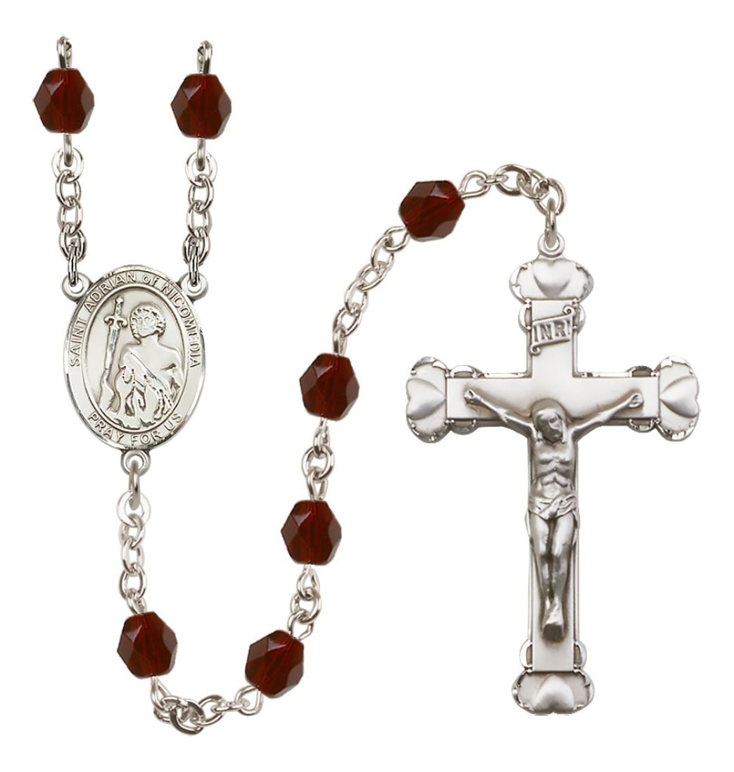 Bliss Silver-Plated Garnet Crystal St Adrian of Nicomedia Birthstone Heart Rosary,