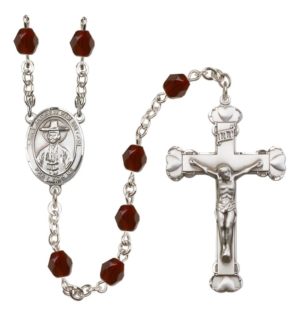 Bliss Silver-Plated Garnet Crystal Saint Andrew Kim Taegon Birthstone Heart Rosary,