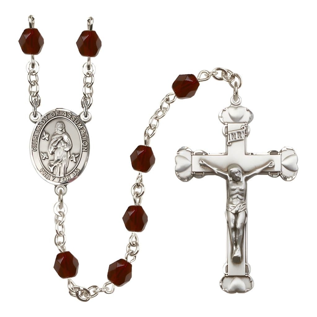 Our Lady of Assumption Engraved Birthstone 6mm Garnet Fire Polished Silver-plated Rosary with Pewter Centerpiece and Heart Tip Crucifix