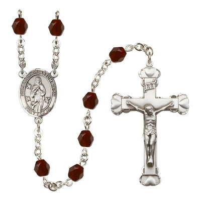 Our Lady of Assumption Engraved Birthstone 6mm Garnet Fire Polished Silver-plated Rosary with Pewter Centerpiece and Heart Tip Crucifix, Bliss Manufacturing