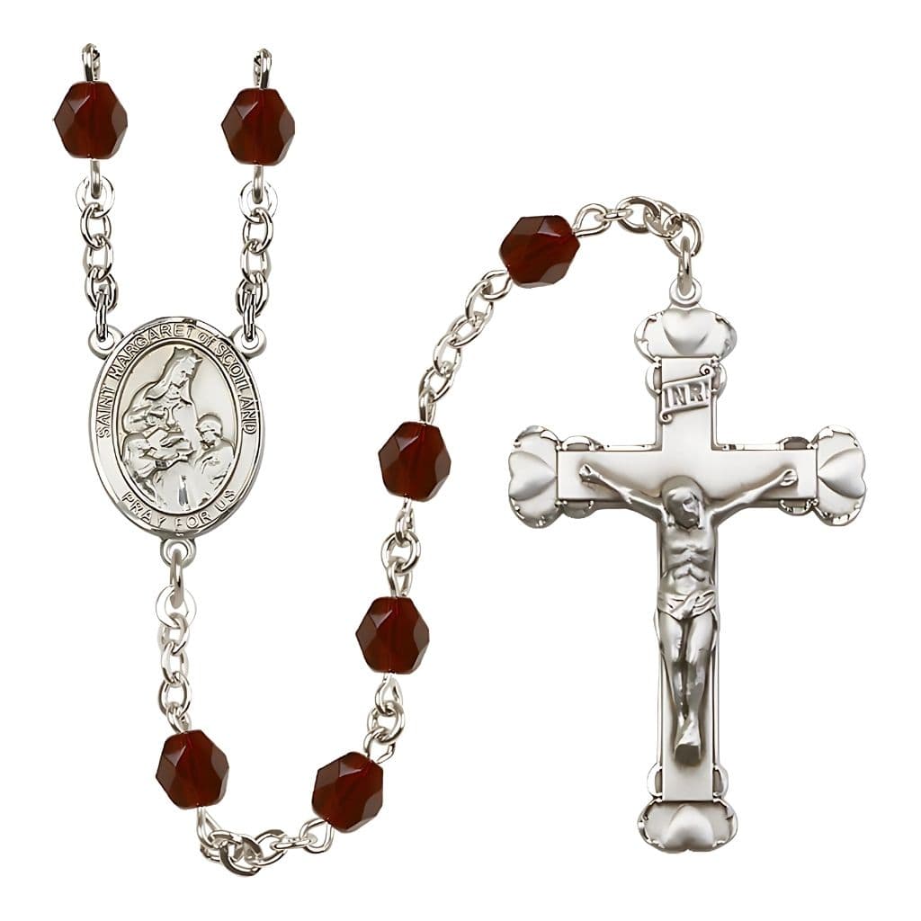 Bliss St. Margaret of Scotland Engraved Birthstone Fire Polished Rosary in Garnet,